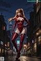 A woman in a red bodysuit is standing in the middle of a city.